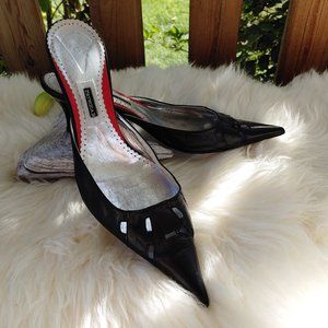 Black Leather Heeled Mules with Cutouts (39 European)